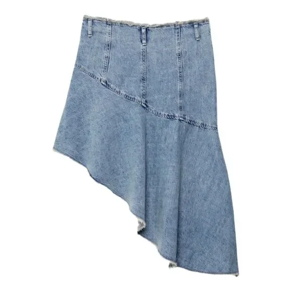 STRADIVARIUS | Blue | ASYMMETRIC DENIM SKIRT WITH RUFFLE TRIM - Picture 3 of 15